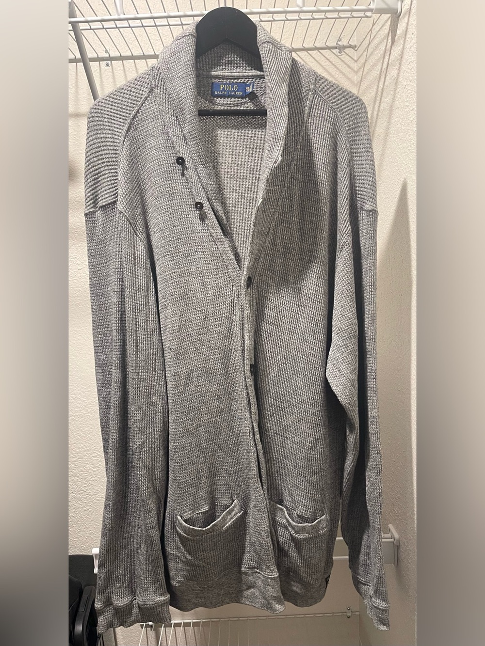 Polo Ralph Lauren Waffle Knit Cardigan Sweater Mens XXL Gray Shawl Collar
